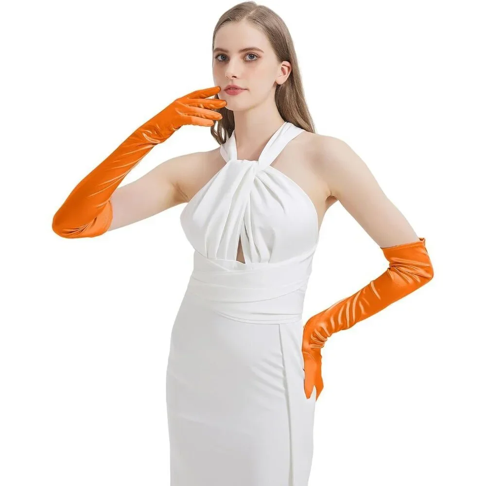 Women's Orange Imported Satin Elbow Length Halloween Cosplay Opera Gloves